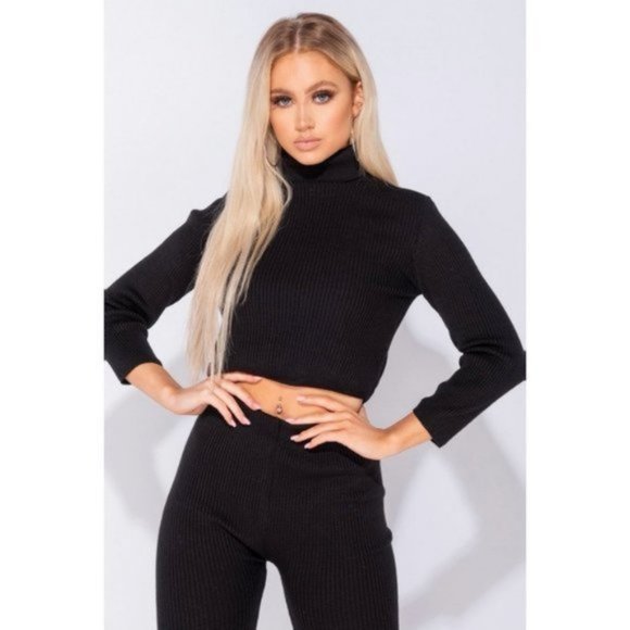 Black Knitted Long Sleeve Turtle Neck Crop Top and Pants Two Piece Set - Picture 9 of 15